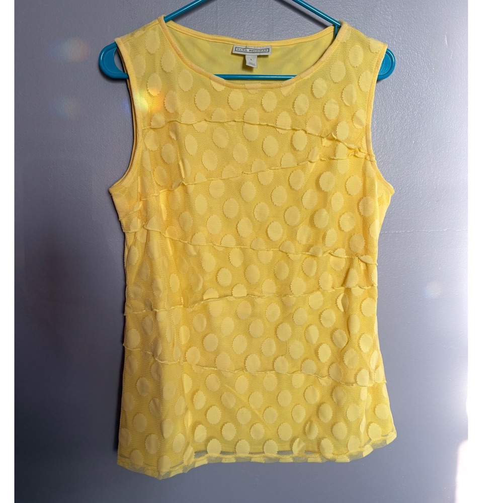 Vibrant Yellow Polka Dot Textured‎ Mesh Tiered Sleeveless Blouse Dana Buchman L